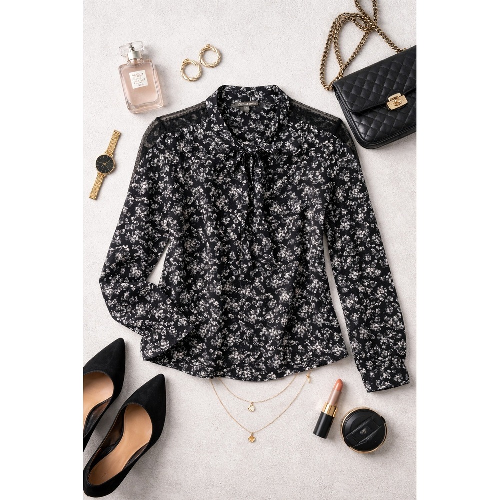 Michael Stars Floral Tie‎ Neck Lace Shoulder Blouse Black Size S DFM04
